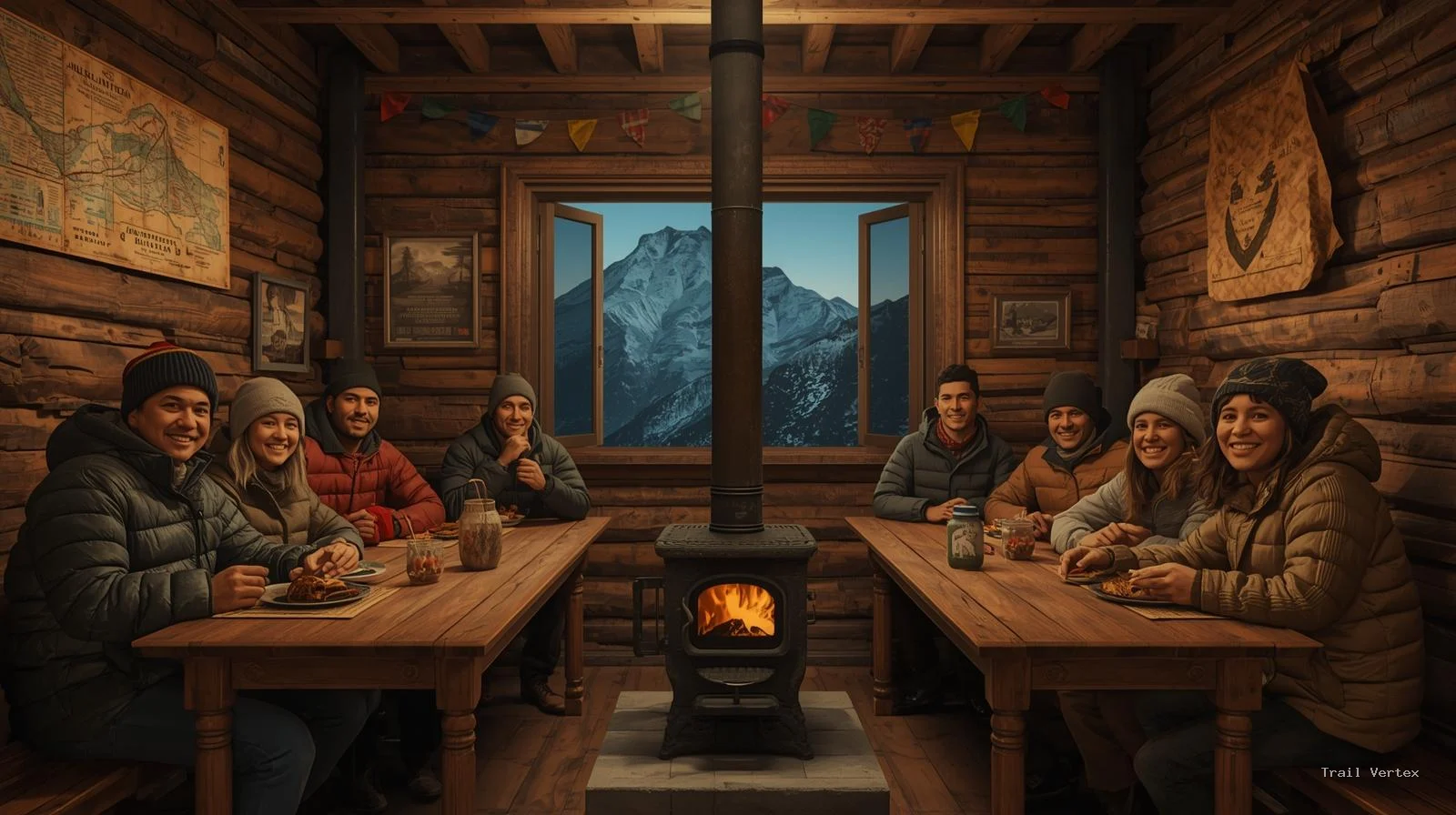 Trekkers sharing a meal and stories in the warm, communal dining hall of a traditional teahouse on the Everest Base Camp trek in Nepal.