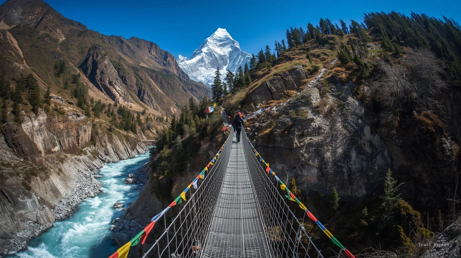 A trekker crossing a long suspension bridge with prayer flags over a Himalayan river on the classic trail to Everest Base Camp, with Ama Dablam mountain in the backgroun