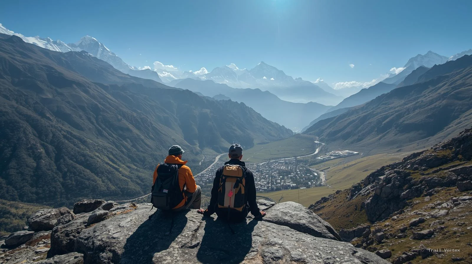Panoramic view of Namche Bazaar village and distant Mount Everest seen from a high point during an acclimatization hike on the 12-day Everest Base Camp trek.