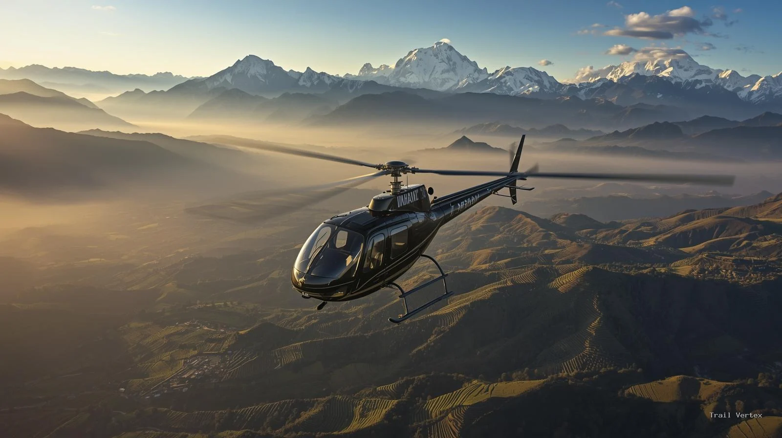 A Eurocopter helicopter flies over terraced hills and Himalayan peaks during sunrise on the Kathmandu to Lukla route.
