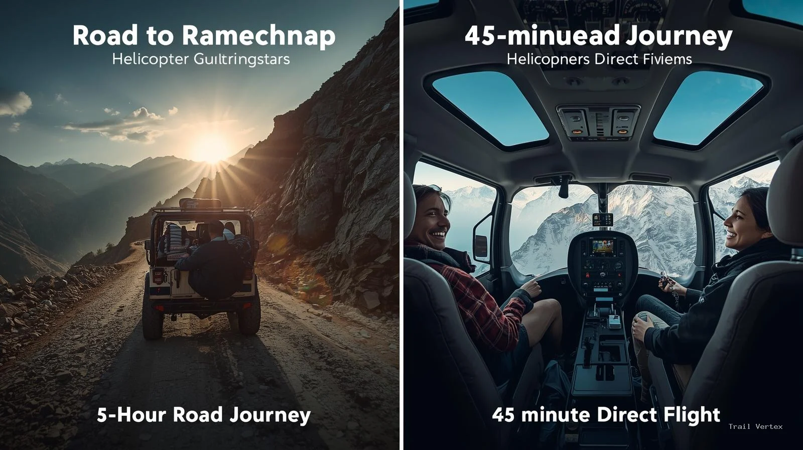 Comparison infographic showing the uncomfortable 5-hour road journey to Ramechhap versus the comfortable 45-minute direct helicopter flight from Kathmandu to Lukla."