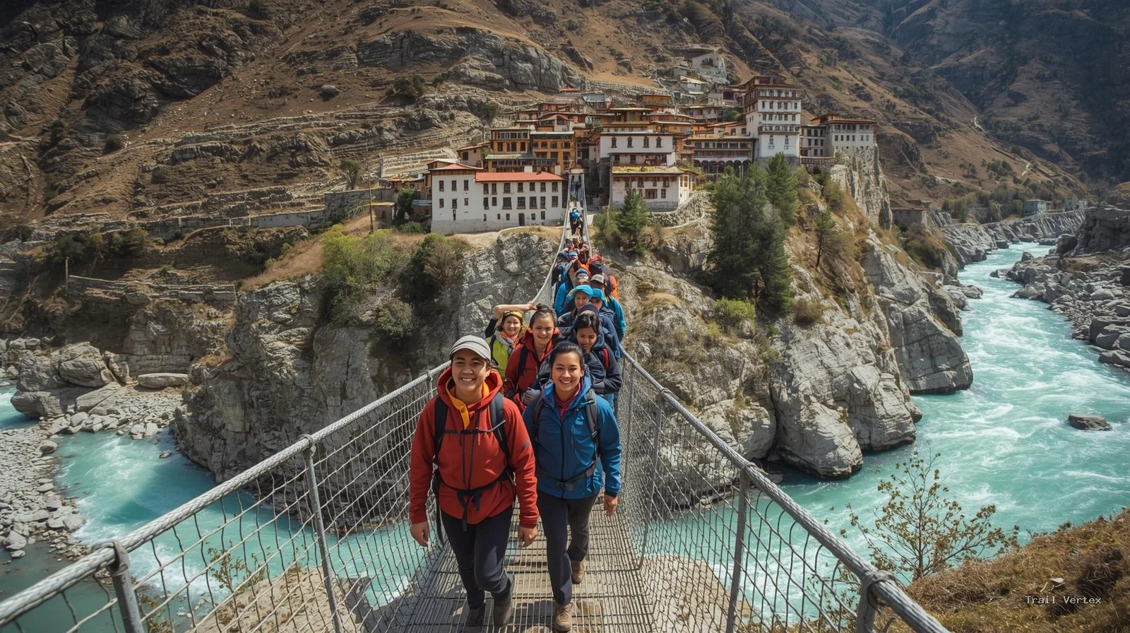 Group of trekkers crossing the Hillary Suspension Bridge with Namche Bazaar village in the background.