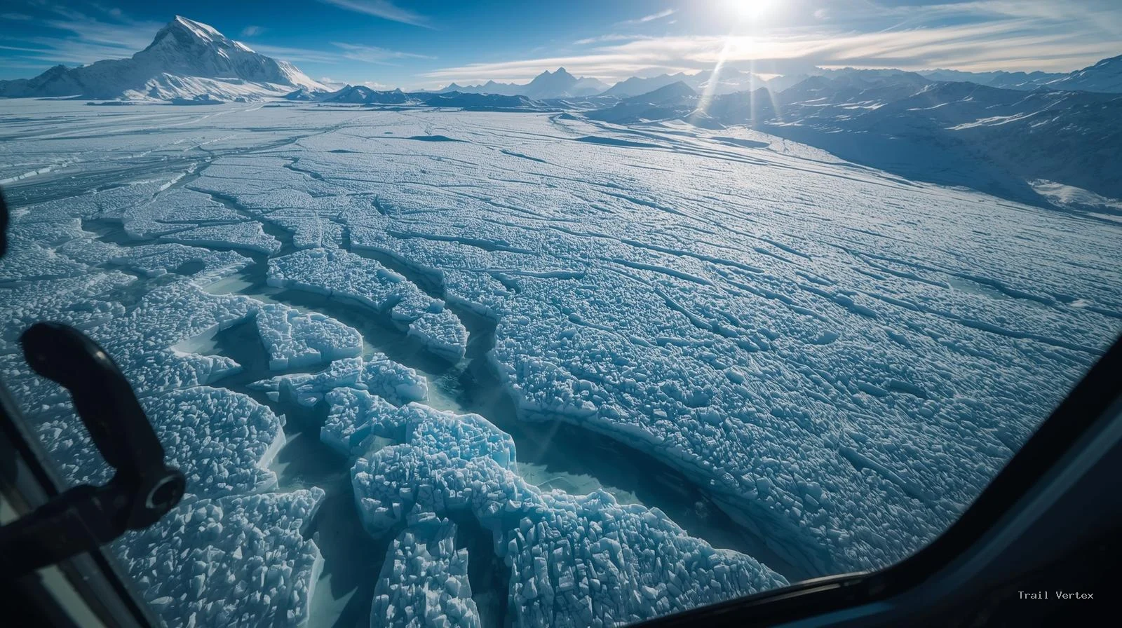 Aerial view from a helicopter flying over the deep crevasses of the Khumbu Glacier towards Mount Everest.
