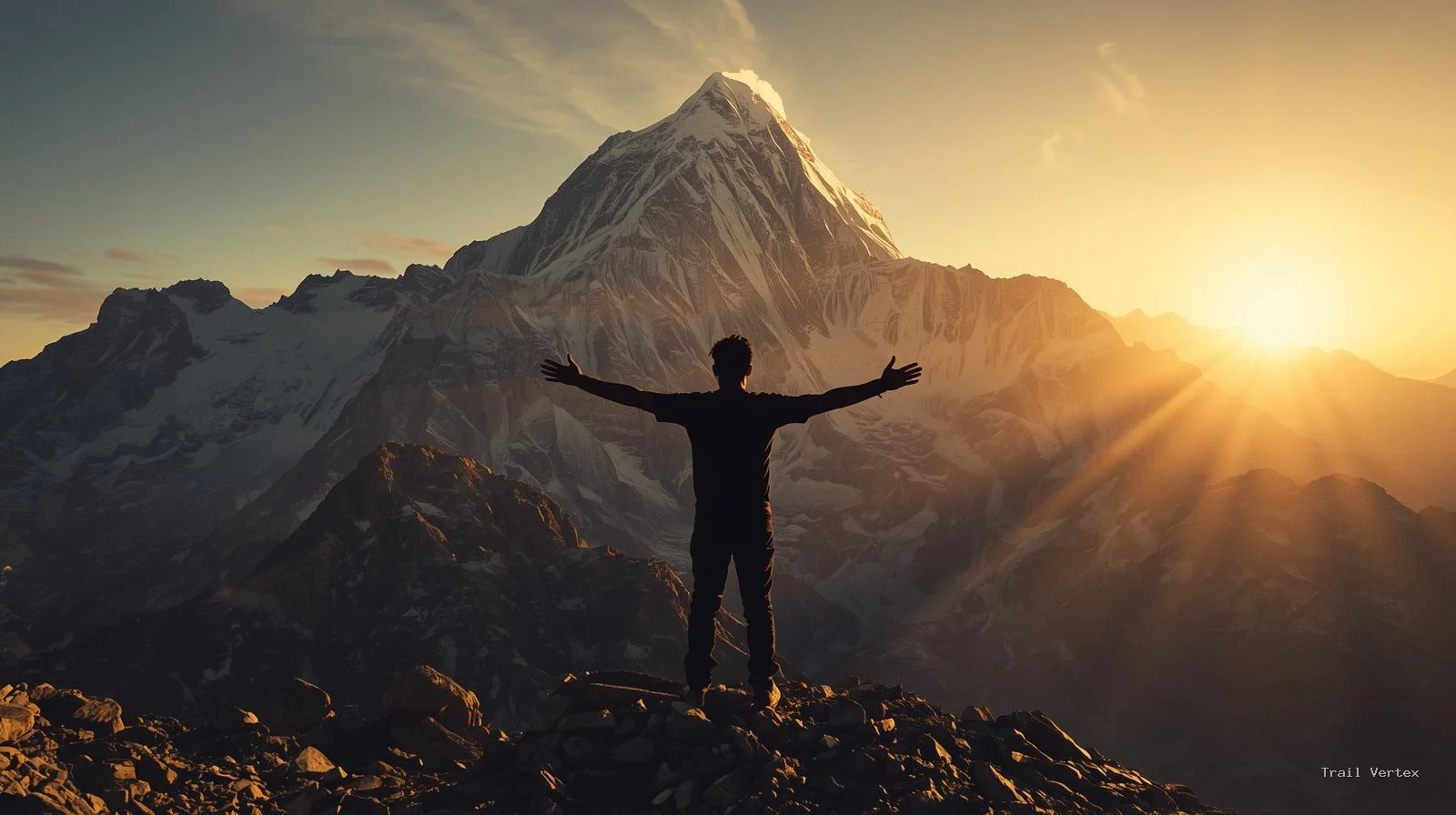 Silhouette of a person standing at Kala Patthar with the massive south face of Mount Everest filling the sky.