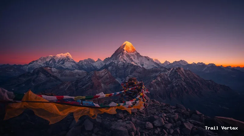A stunning sunrise view of Mount Everest from Kala Patthar peak during the Everest Base Camp trek in Nepal, with prayer flags in the foreground and the sun hitting the summit.
