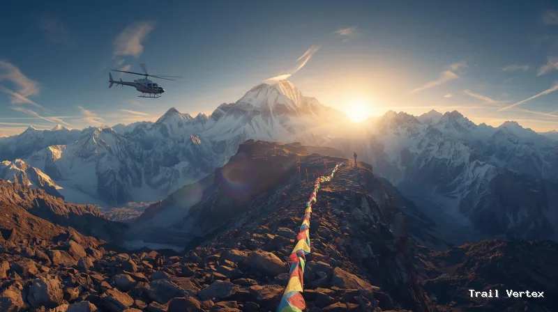 A helicopter flies towards Mount Everest at sunrise as trekkers walk a trail below in the Himalayas.